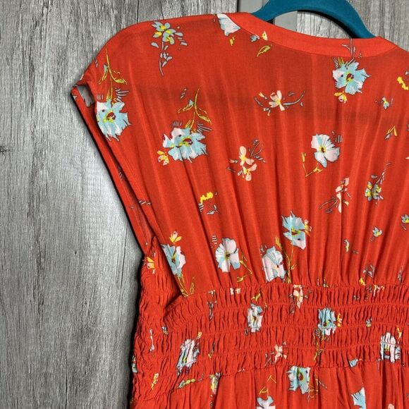 Free People Button Up Dress Red Color Floral Print Smocked Waist Sleeveless Sz L - Picture 8 of 11
